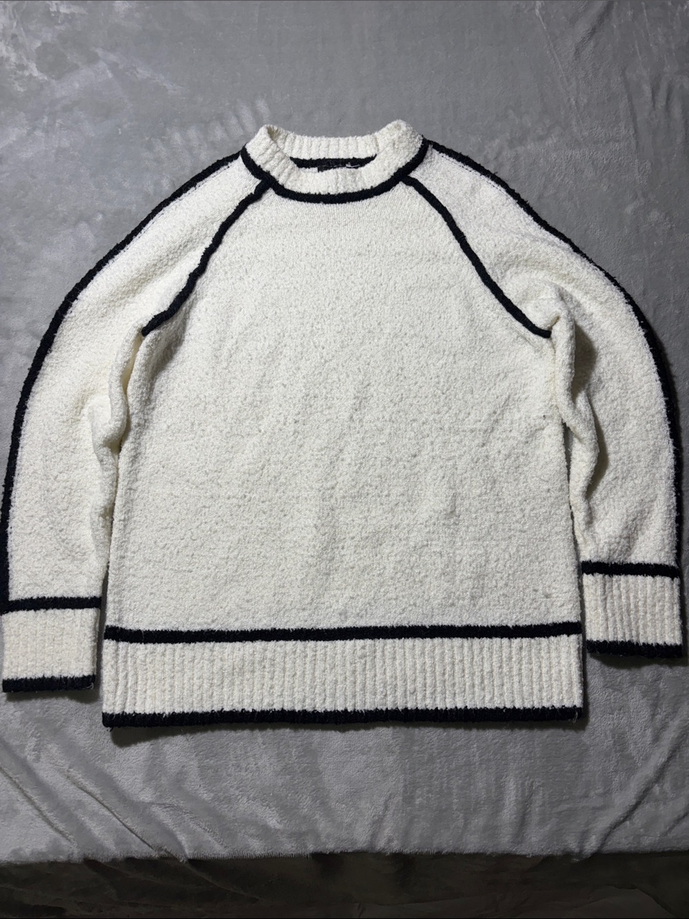 Lillusory Womens S Ivory Black Contrast Trim Boucle Knit Sweater Pullover